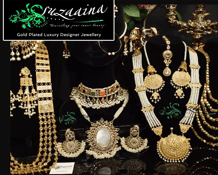 Suzaaina Designer Jewelry 2023. Latest New Design Gold Plated Luxury Designer Jewellery. Suzaaina Website, Instagram, Facebook.